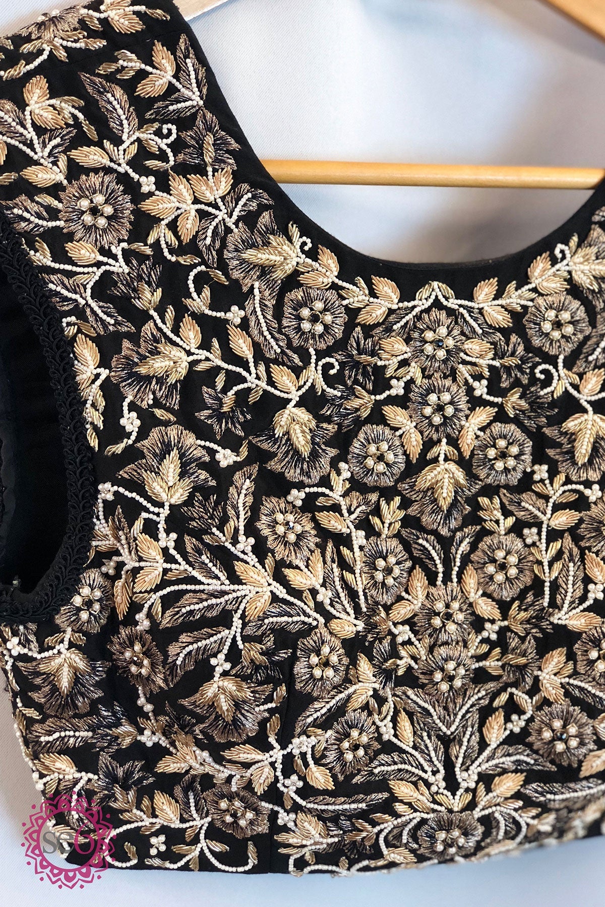 White Gold Floral Embroidered Black Blouse- Ready to Ship