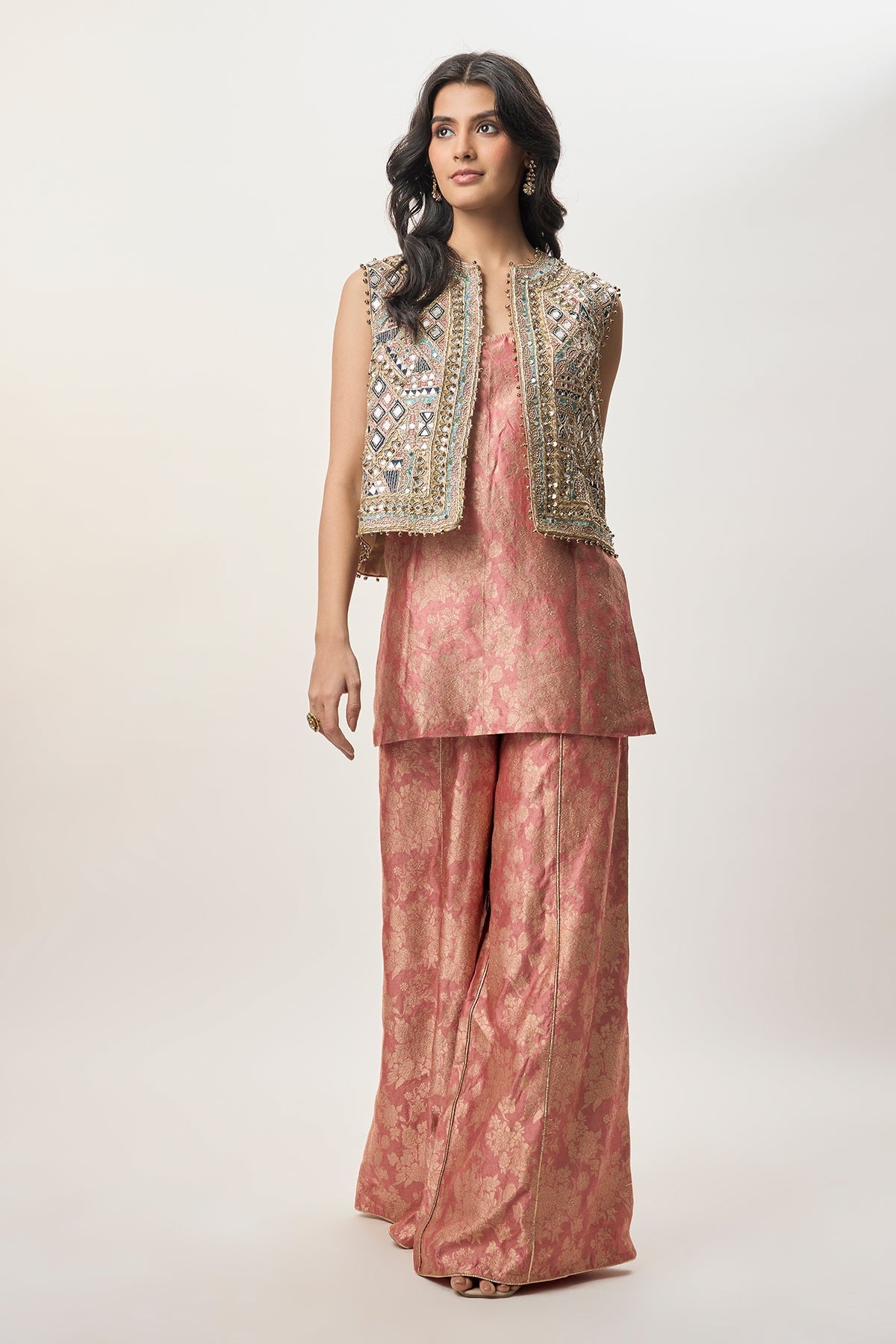 Iza Stone Georgette Embroidered Waist Coat With Rust Pink Banarasi Brocade Kurta And Pant