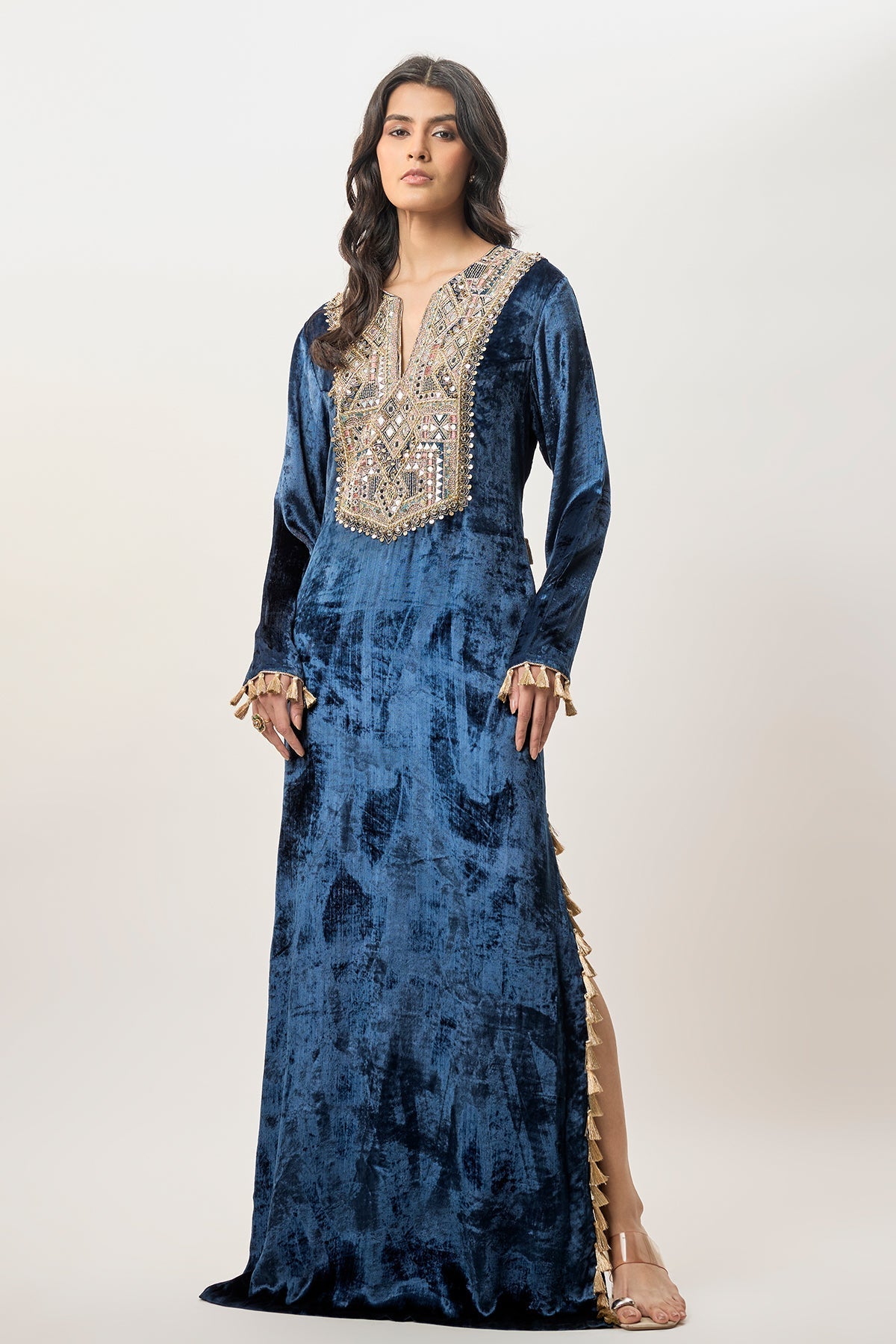 Tara Navy Blue Velvet Embroidered Yoke Beyza Kaftan