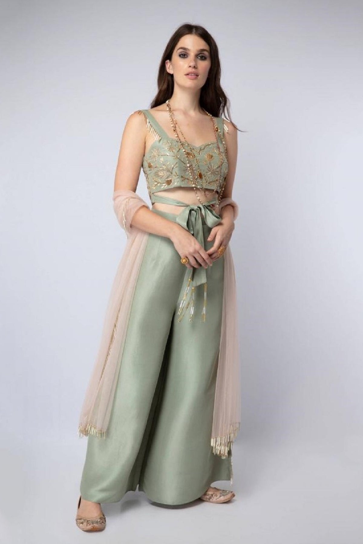 Mint Tie-Up Blouse with Palazzo Pants