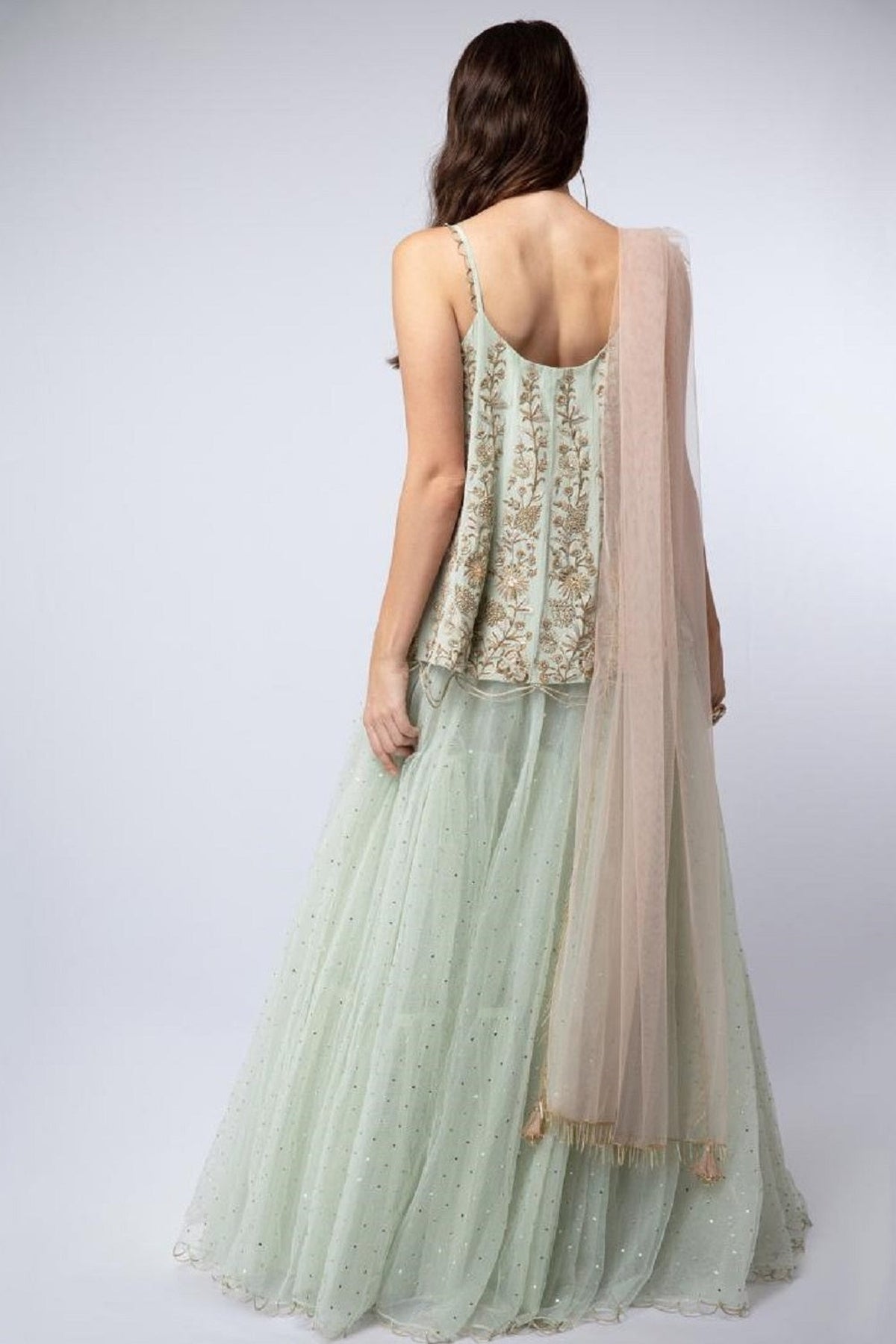 Mint Embroidered Short Anarkali-Lehenga