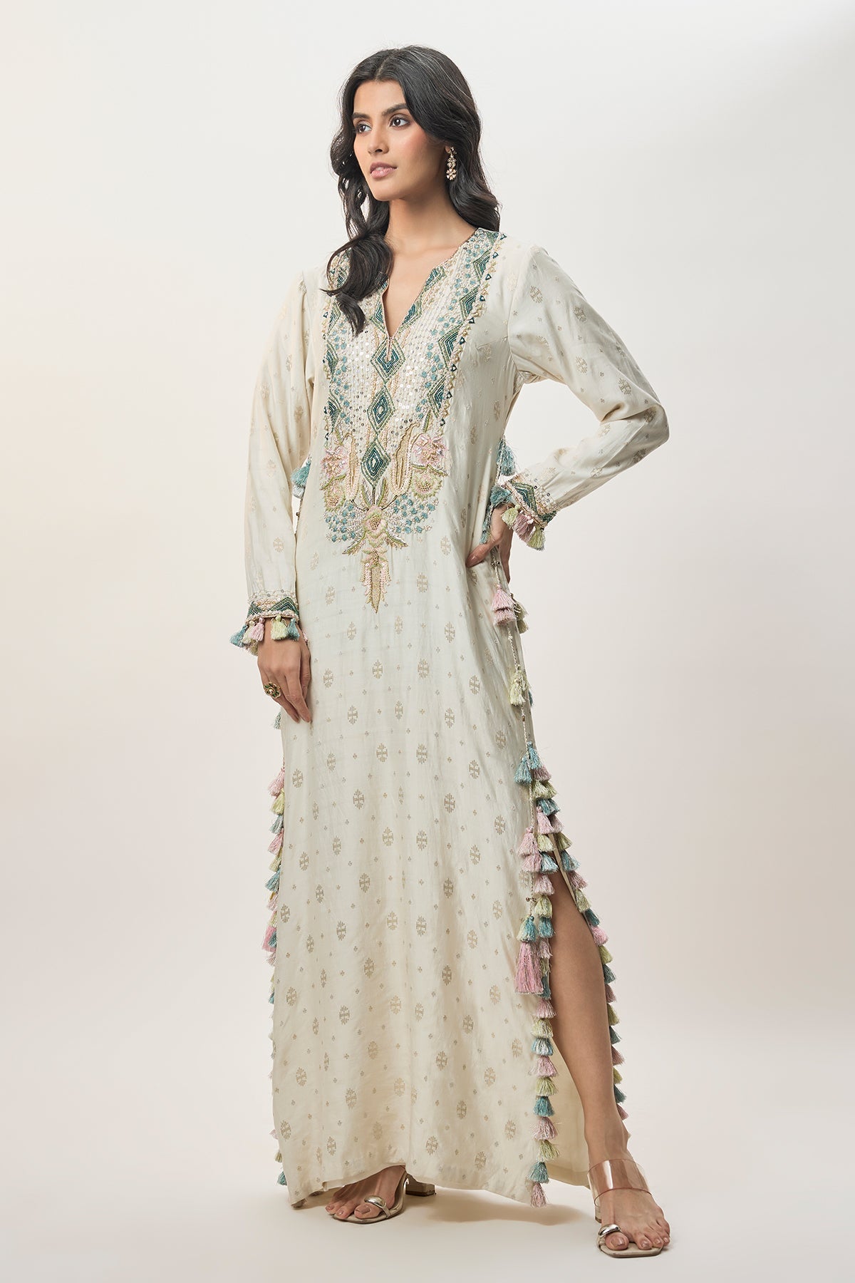 Saira Off-White Chiniya Silk Embroidered Yoke Beyza Kaftan