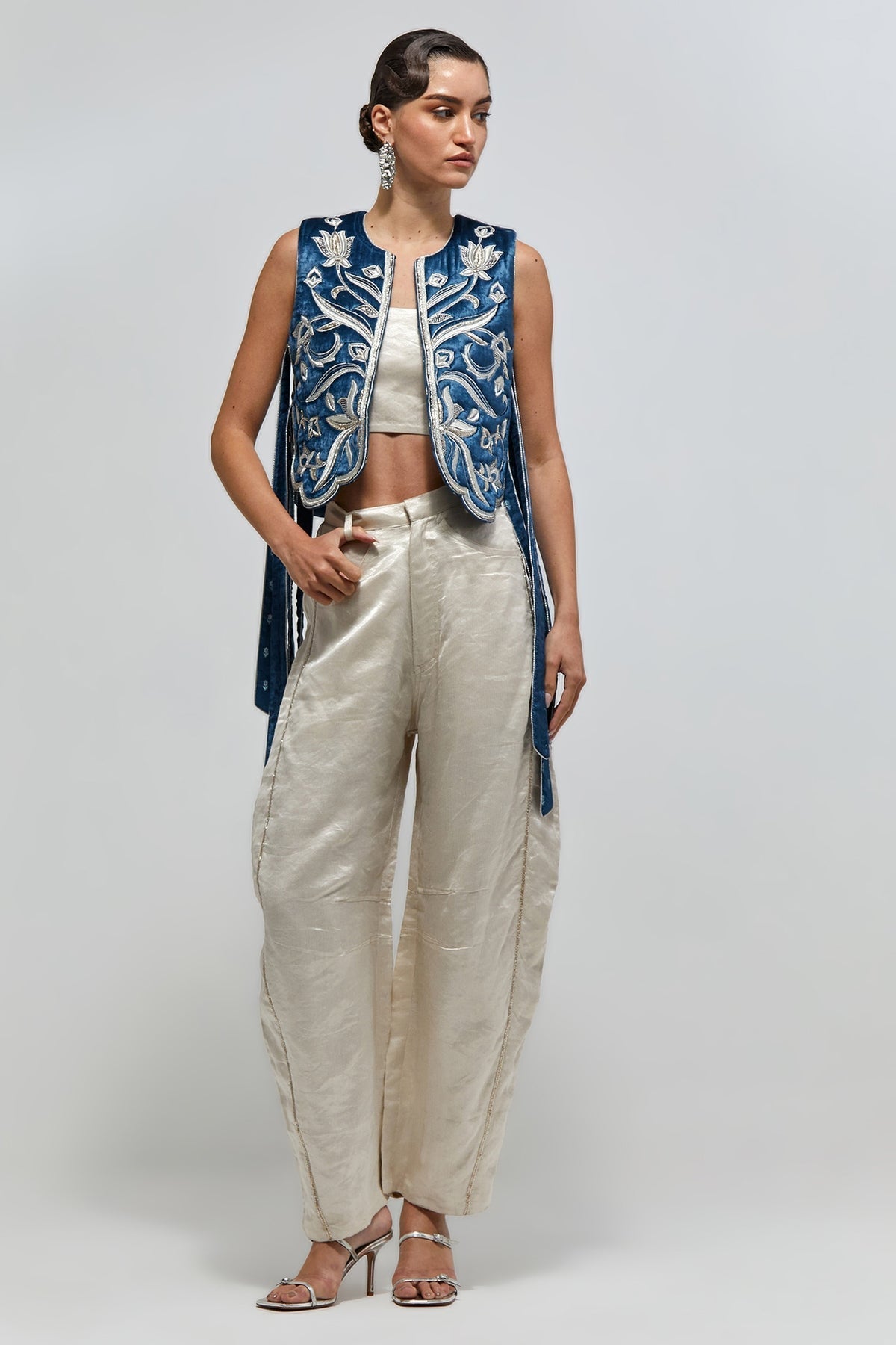 Nazm Navy Blue Velvet Quilted Embroidered Jacket With Organza Bustier And Bomber Pants