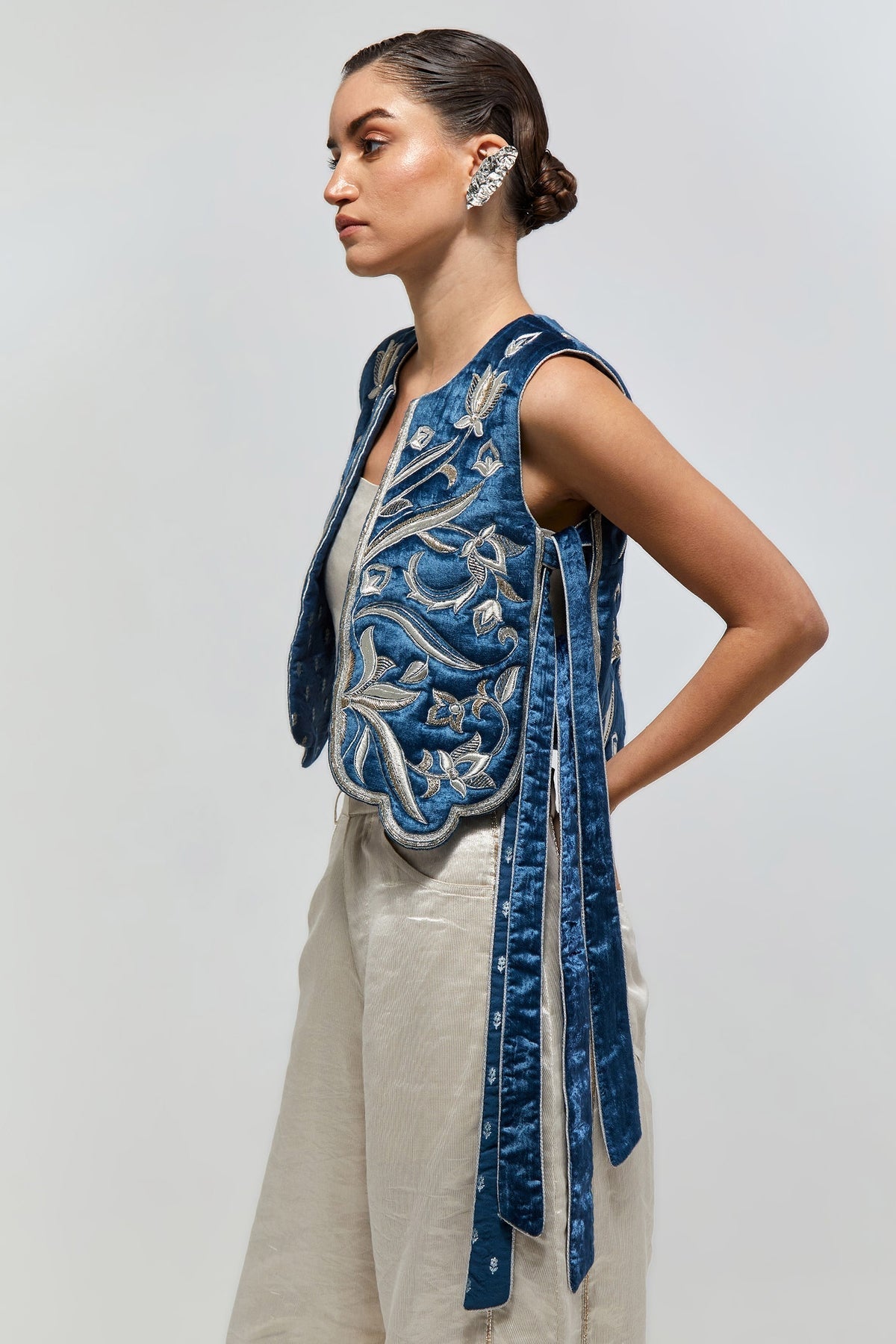Nazm Navy Blue Velvet Quilted Embroidered Jacket With Organza Bustier And Bomber Pants