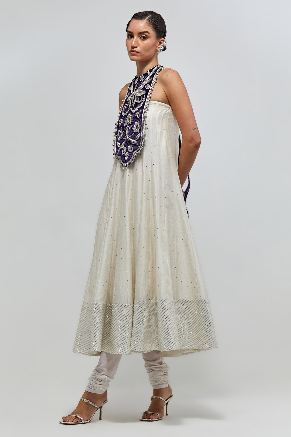Itra Purple Embroidered Quilted Detachable Necklace With Off-White Anarkali And Soft Net Churidar