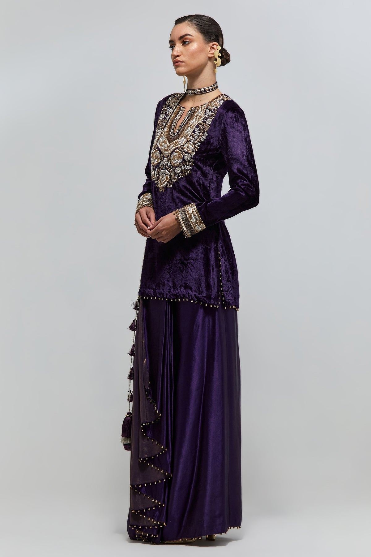 Zehra Purple Velvet Embroidered Yoke And Sleeves Kurta With Dhoti Skirt And Belt