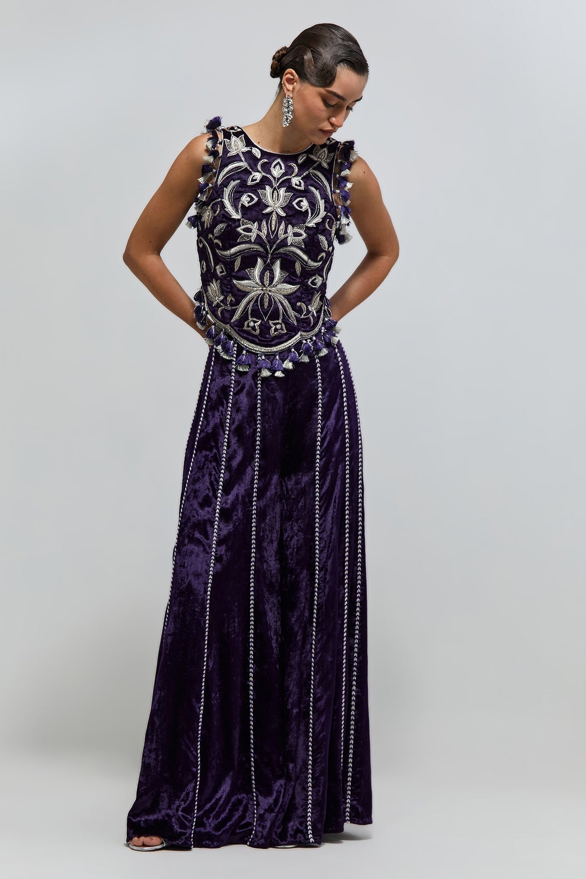 Zayn Purple Velvet Quilted Half Back Covered Embroidered Choli And Sharara