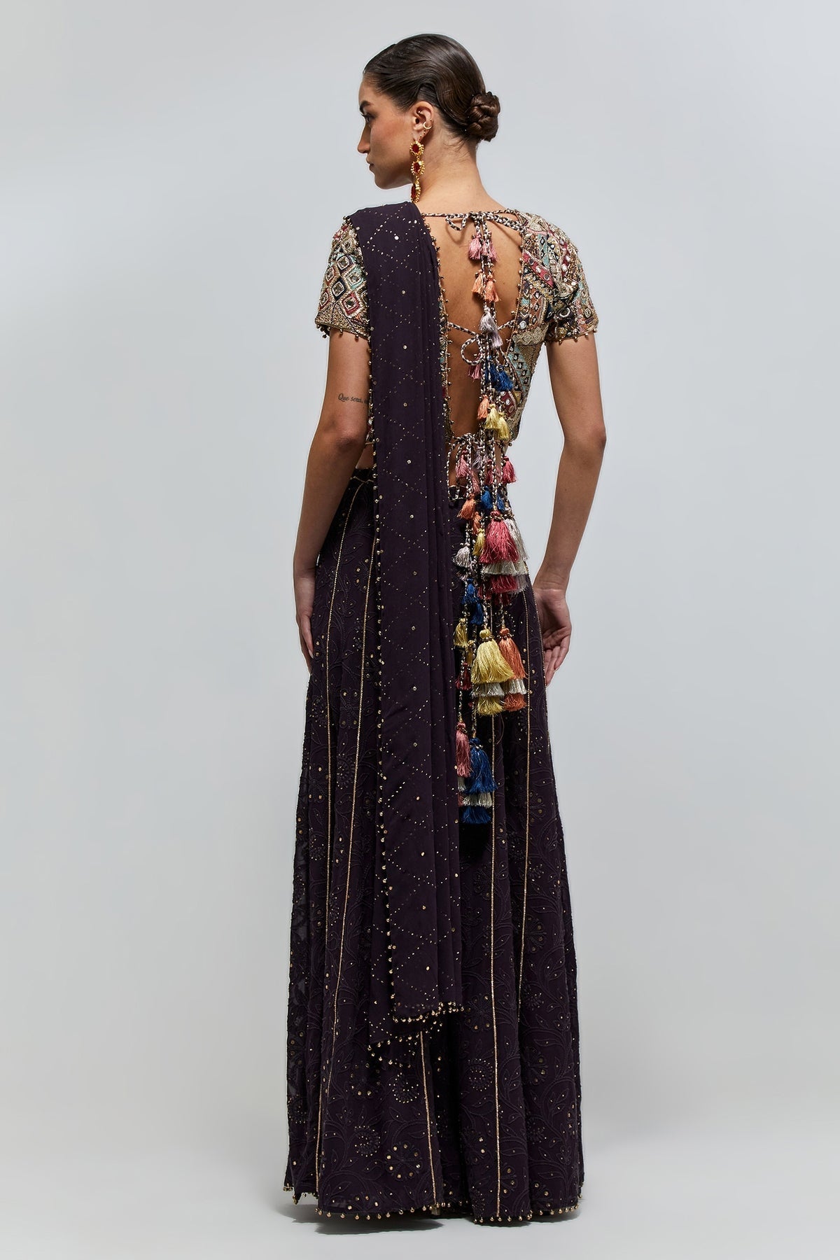 Azar Dark Purple Georgette Embroidered Choli And Sharara With Attached Pallu
