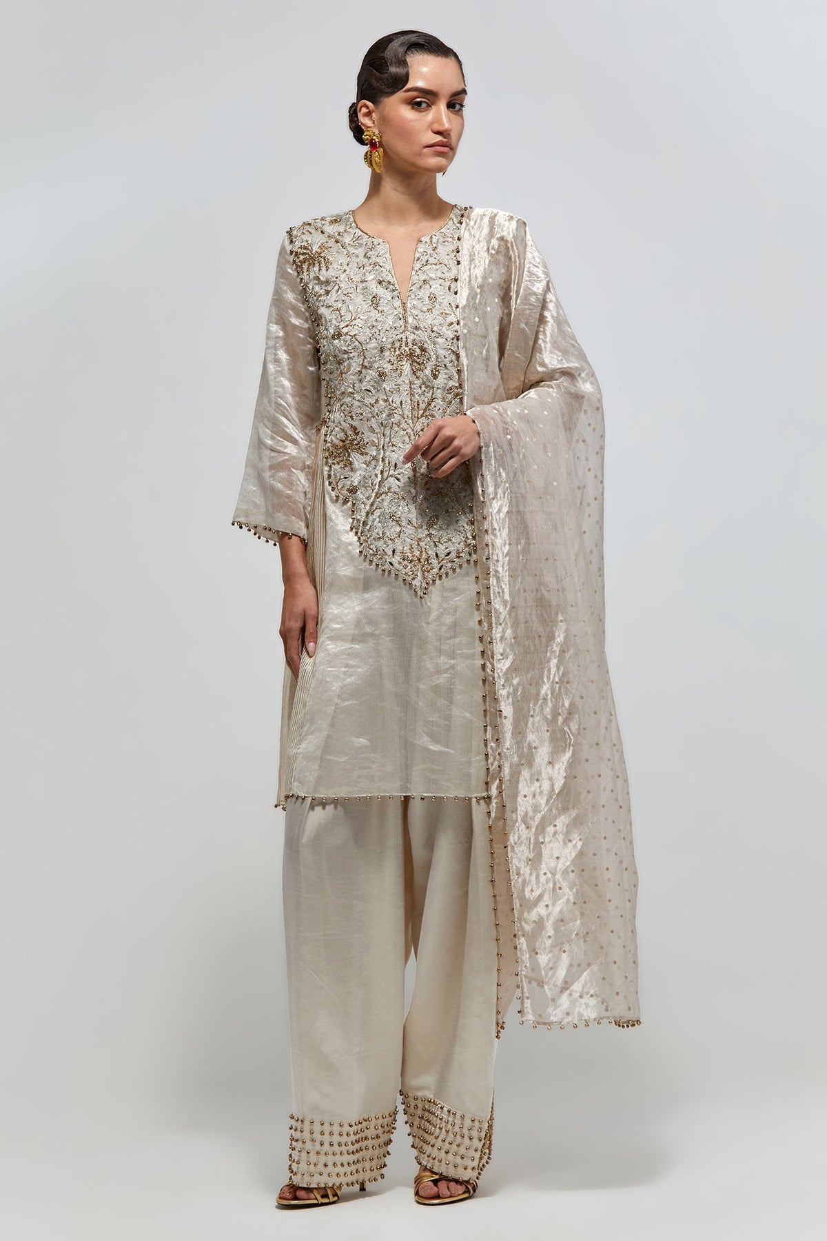 Rangrez Silver Gold Stripe Tissue Embroidered Yoke Kurta With Farshi Salwar And Organza Dupatta