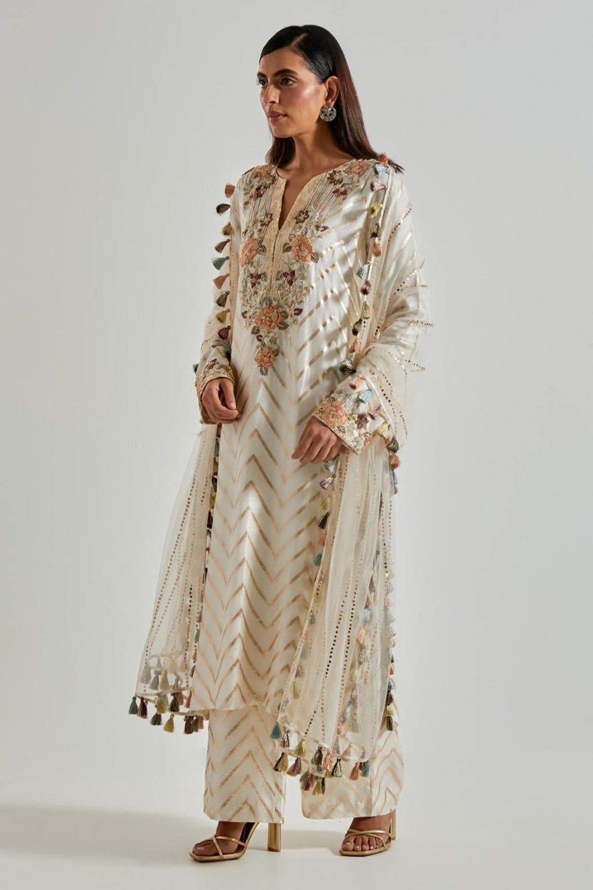 Off-White Zig-Zag Dola Silk Kurta with Palazzo & Net Dupatta