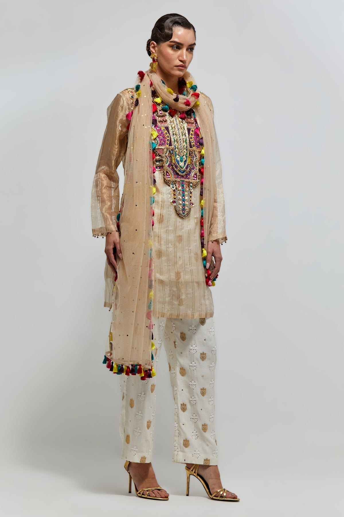 Zarif Gold Stripe Tissue Embroidered Yoke Kurta With Off-White Bustier With Palazzo And Mukaish Net Dupatta