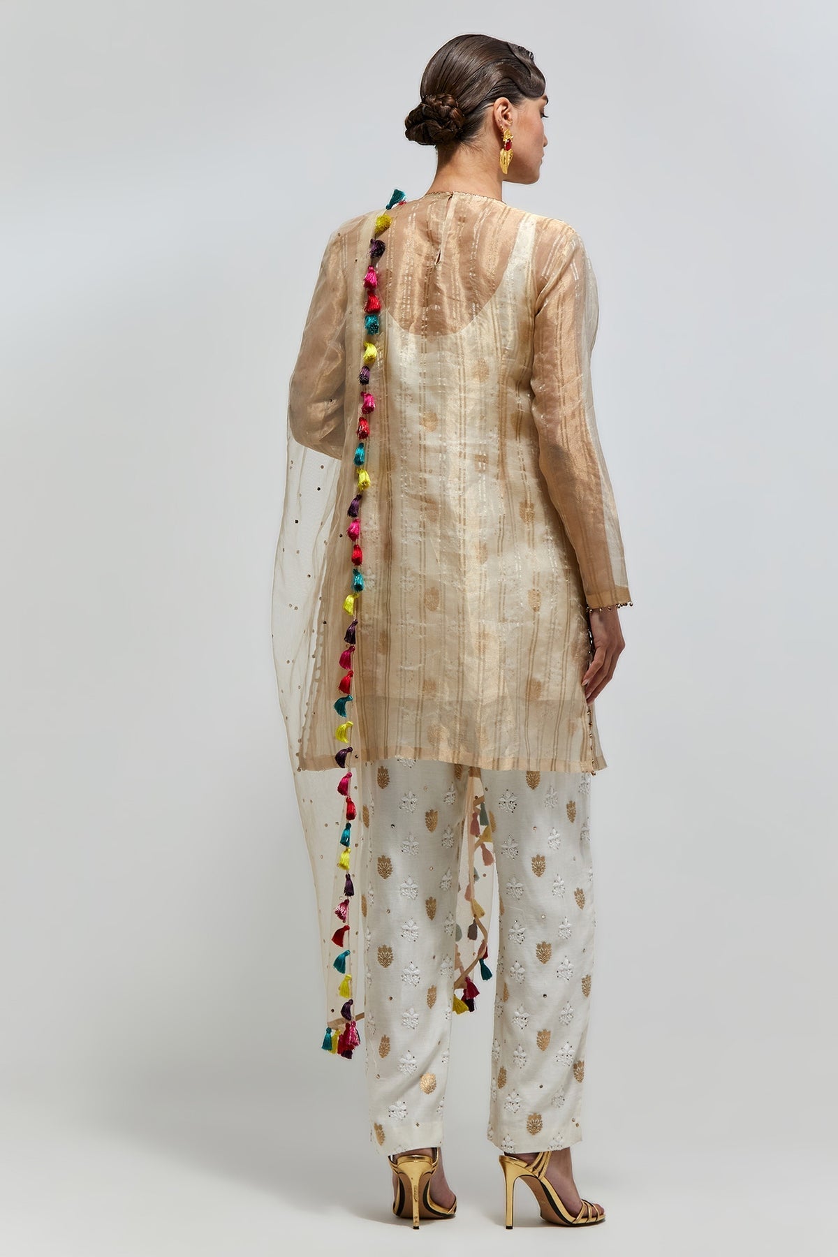 Zarif Gold Stripe Tissue Embroidered Yoke Kurta With Off-White Bustier With Palazzo And Mukaish Net Dupatta