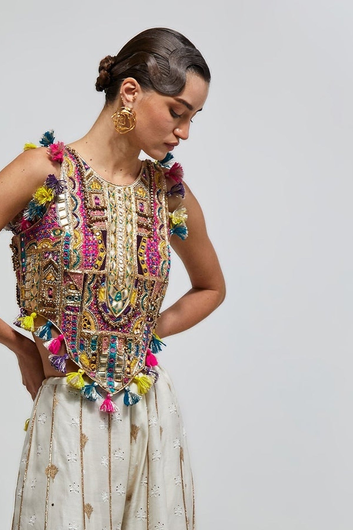Fez Off-White Georgette Embroidered Choli And Banarasi Silkmul Sharara