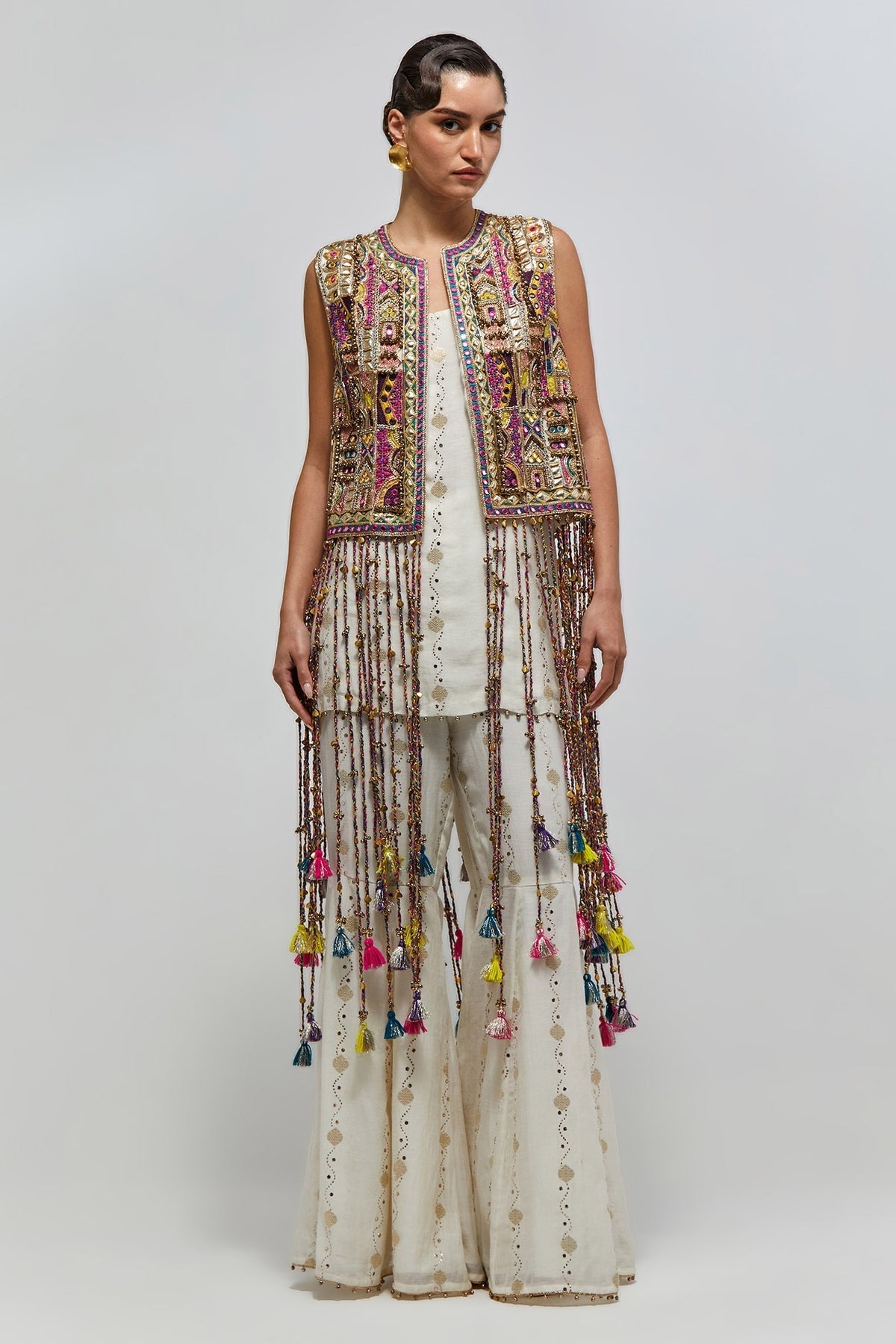 Kashish Off-White Georgette Embroidered Jacket With Short Kurta And Sharara