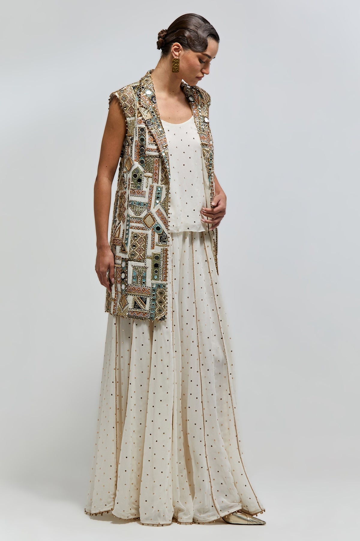 Asaar Off-White Georgette Embroidered Jacket With Mukaish Georgette Camisole And Sharara