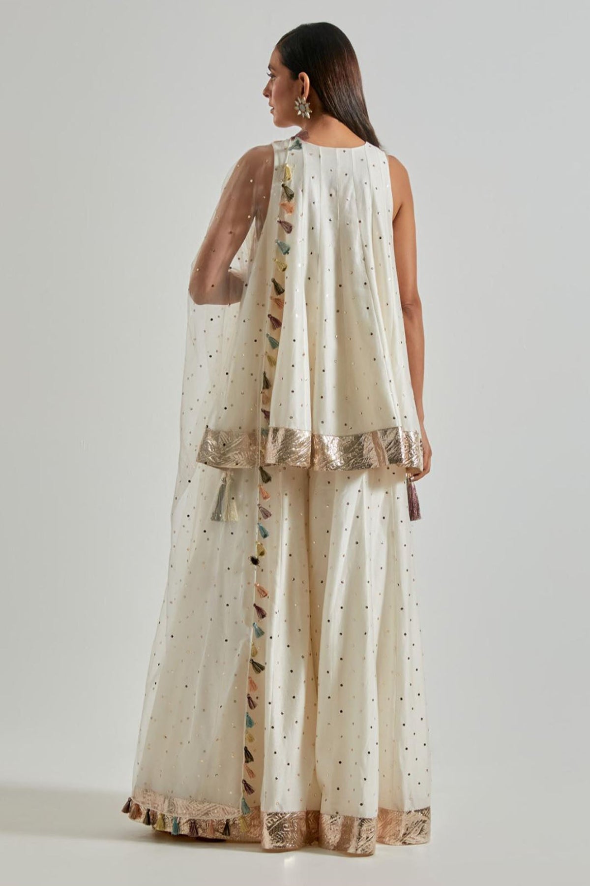 Off-White Silkmul Kurta with Sharara & Net Dupatta