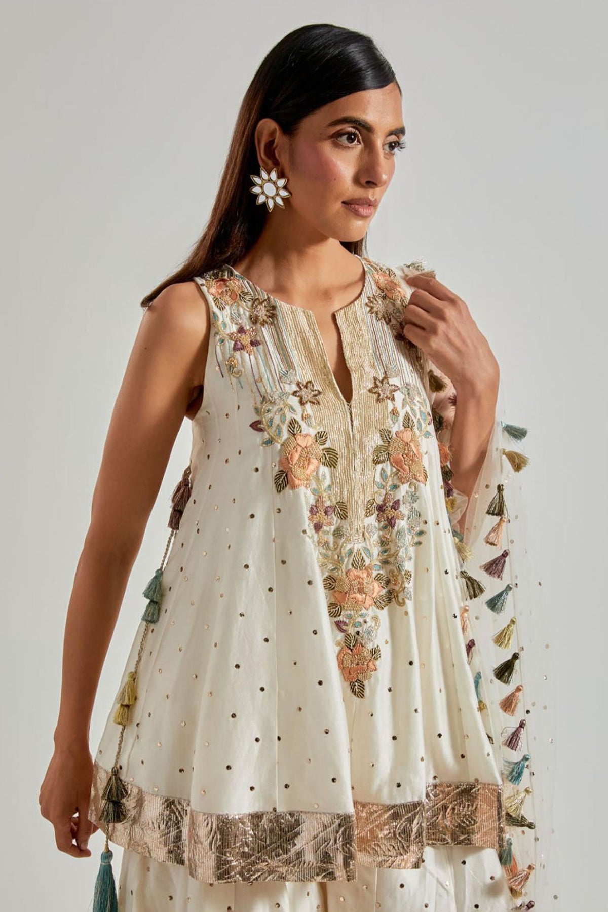 Off-White Silkmul Kurta with Sharara & Net Dupatta