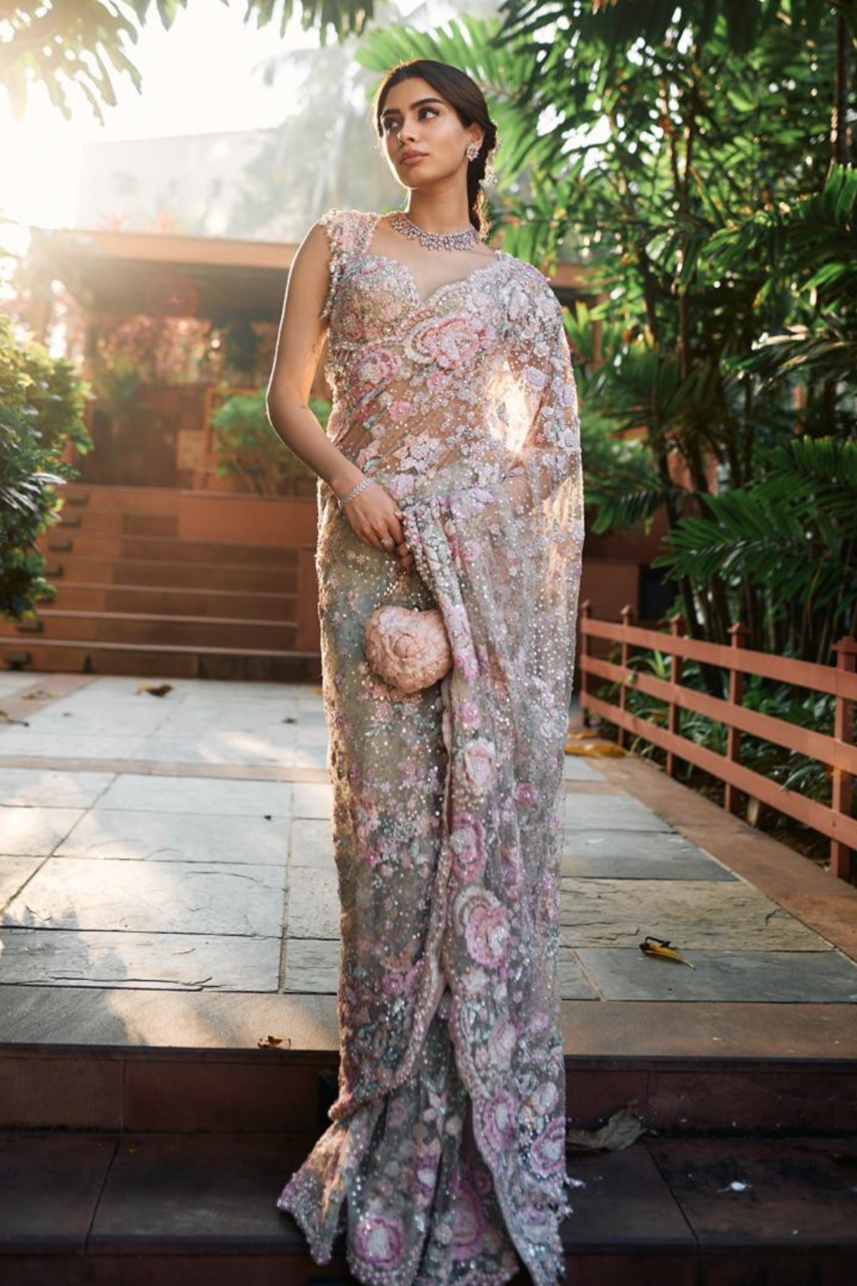 Khushi Kapoor in Mint Green Multi-Coloured Floral Saree