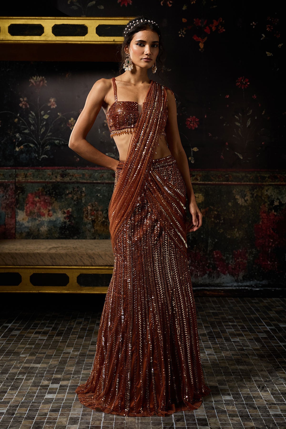 Malaika Arora in Metallic Rust Embellished Mermaid Skirt Saree Set