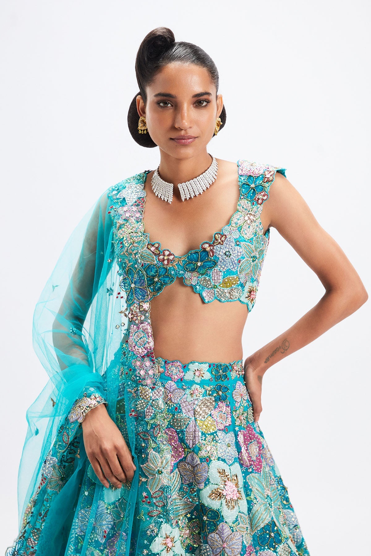 Sharvari In Cyanora - Cyan Blue Tulle Big Flower Lehenga