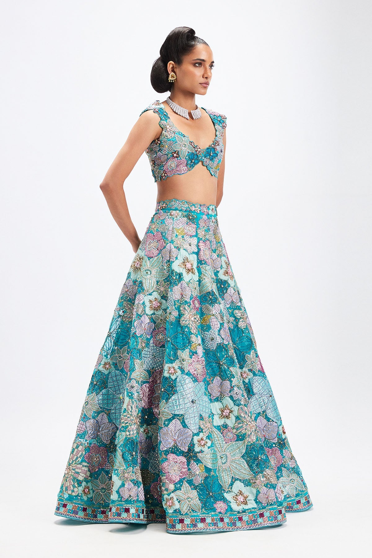 Sharvari In Cyanora - Cyan Blue Tulle Big Flower Lehenga