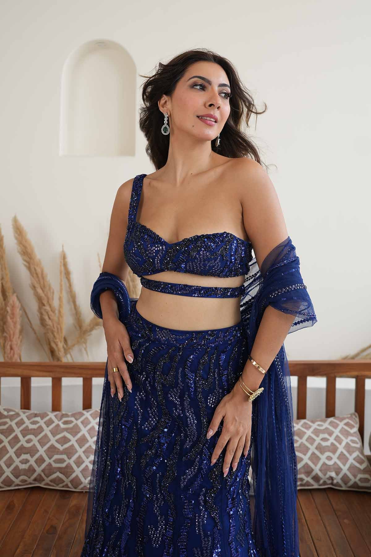 Nikki Mehra In Dark Blue Embellished Mermaid Skirt Set