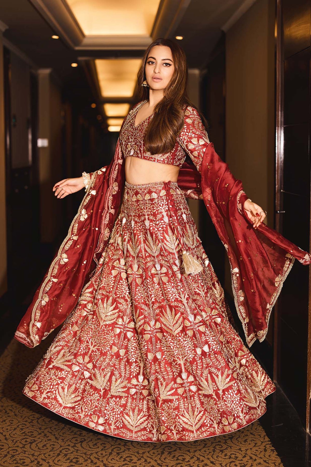 Maroon Embroidered Choli And Lehenga With Dupatta