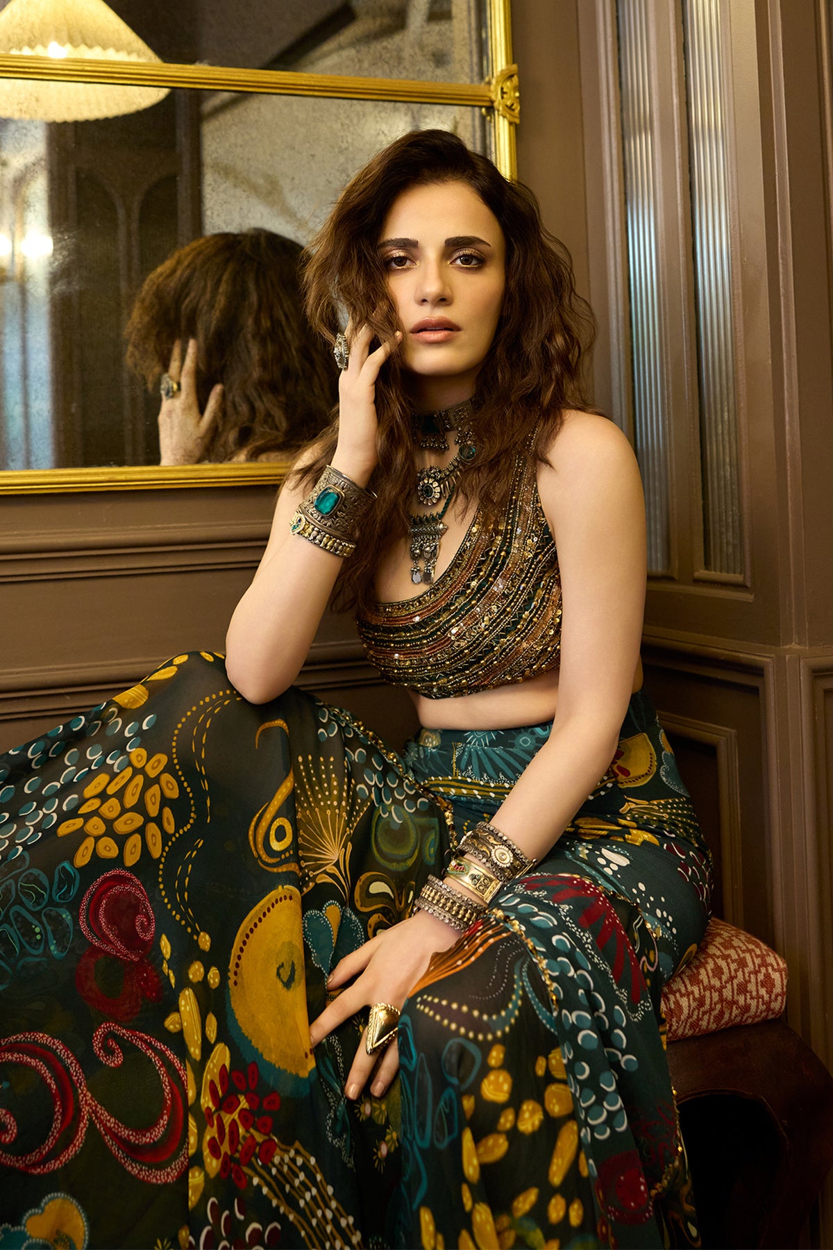 Radhika Madan in Dark Green Embroidered Blouse And Fishtail Skirt Set