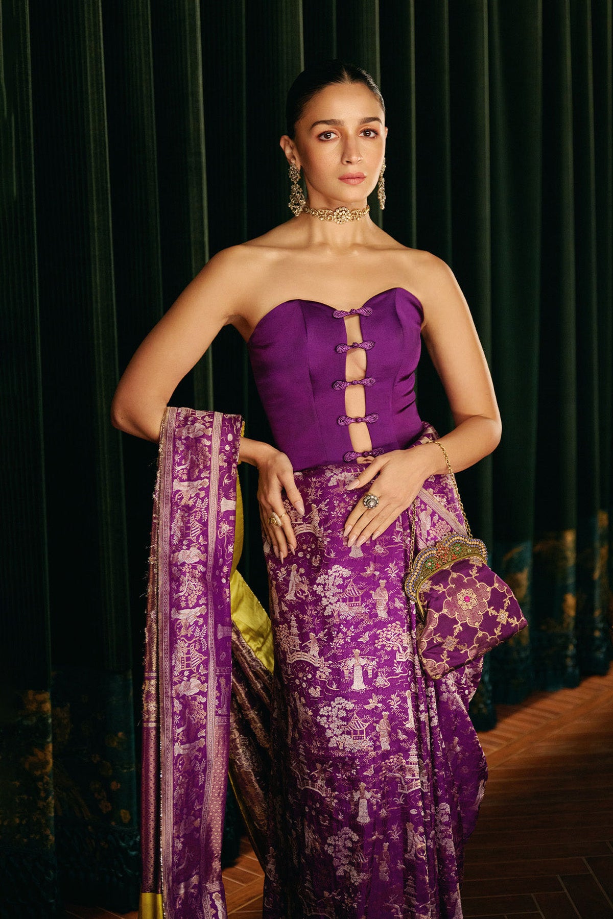 Alia Bhatt in Handwoven Purple Cheena Cheeni Emboss Saree