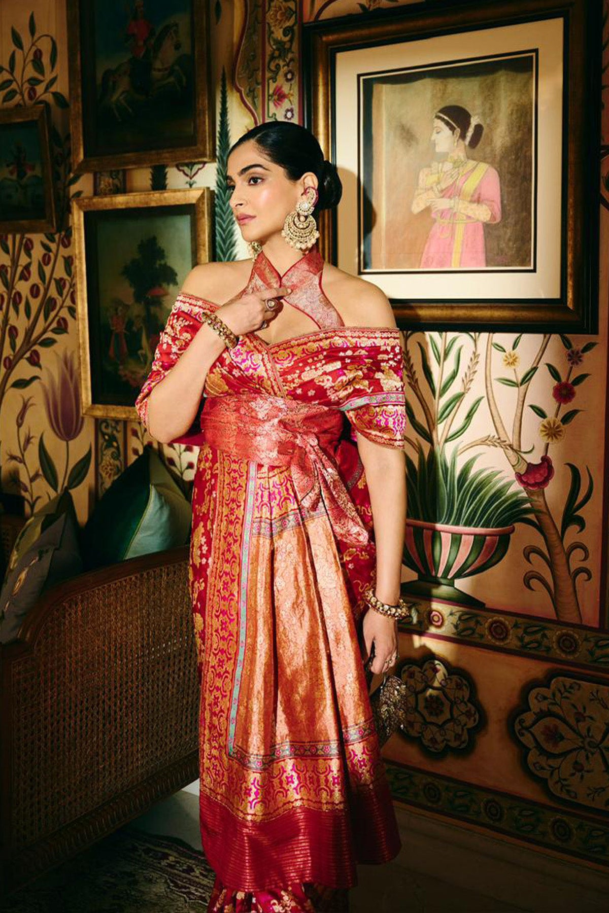 Sonam Kapoor in Handwoven Ruby Red Mashroo Silk Saree