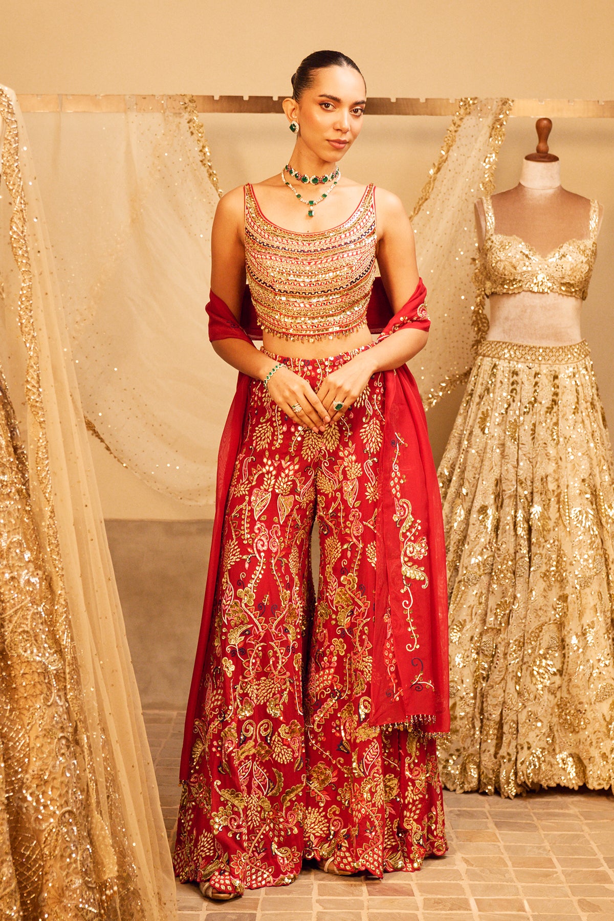 RED HIGH WAIST SHARARA SET WITH A DUPATTA
