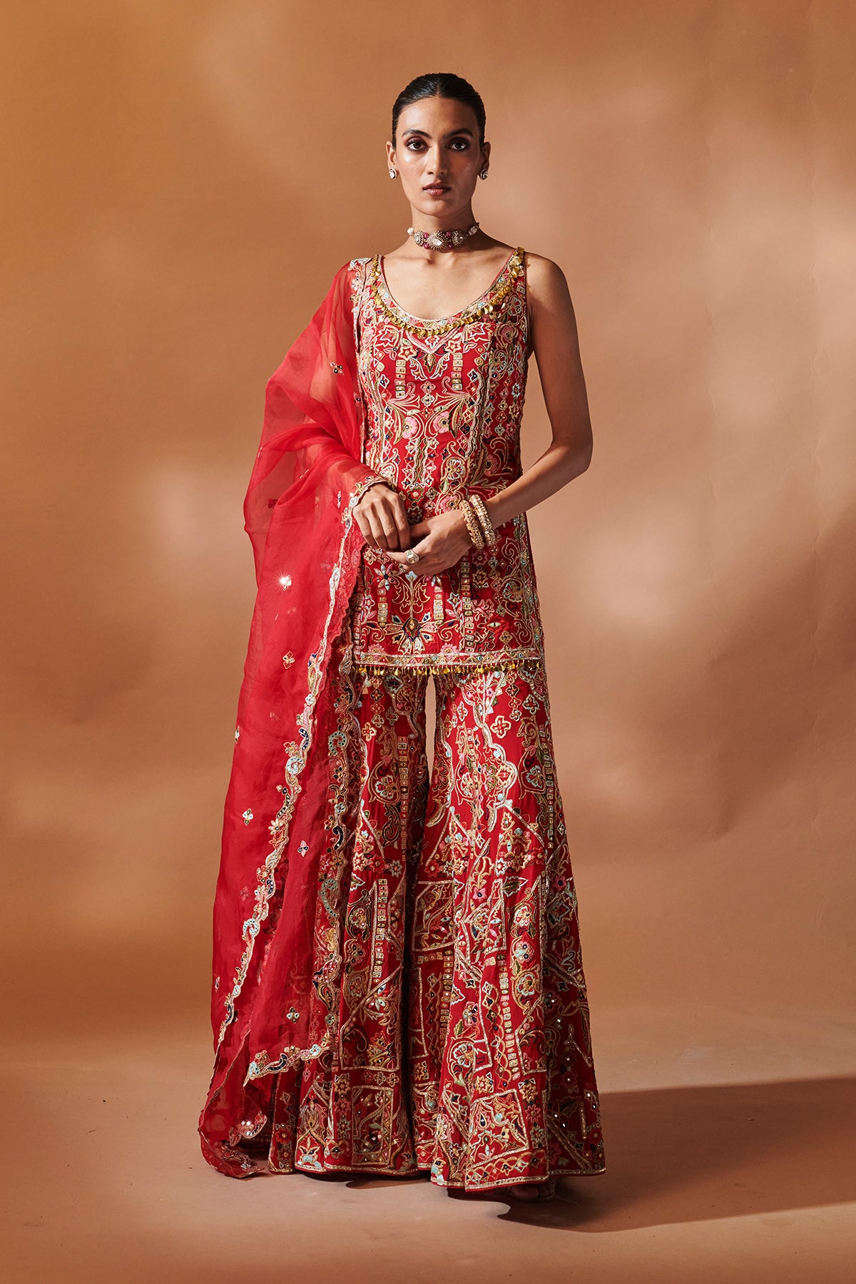RED KURTA AND SHARARA SET