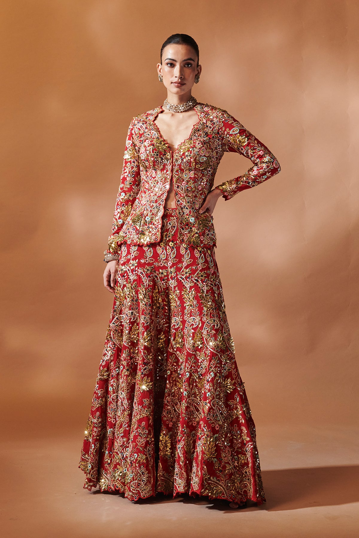 RED OPEN JACKET WITH A SHARARA