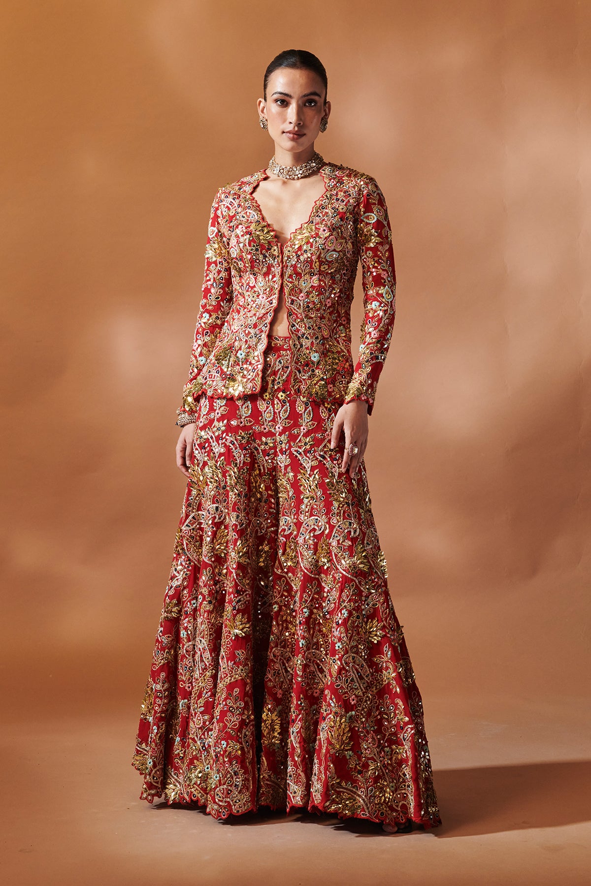 RED OPEN JACKET WITH A SHARARA