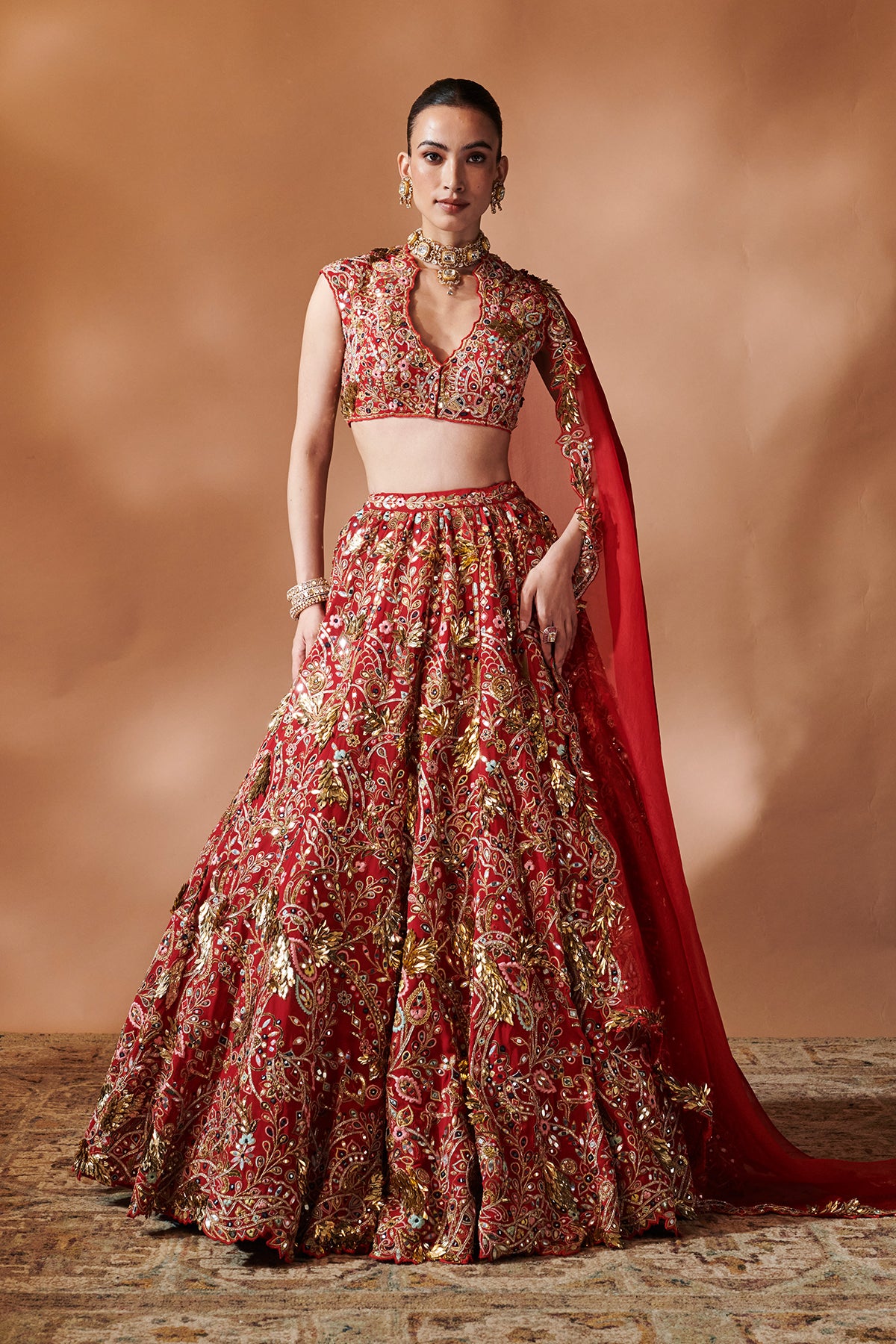 RED HEAVILY EMBROIDERED LEHENGA SET