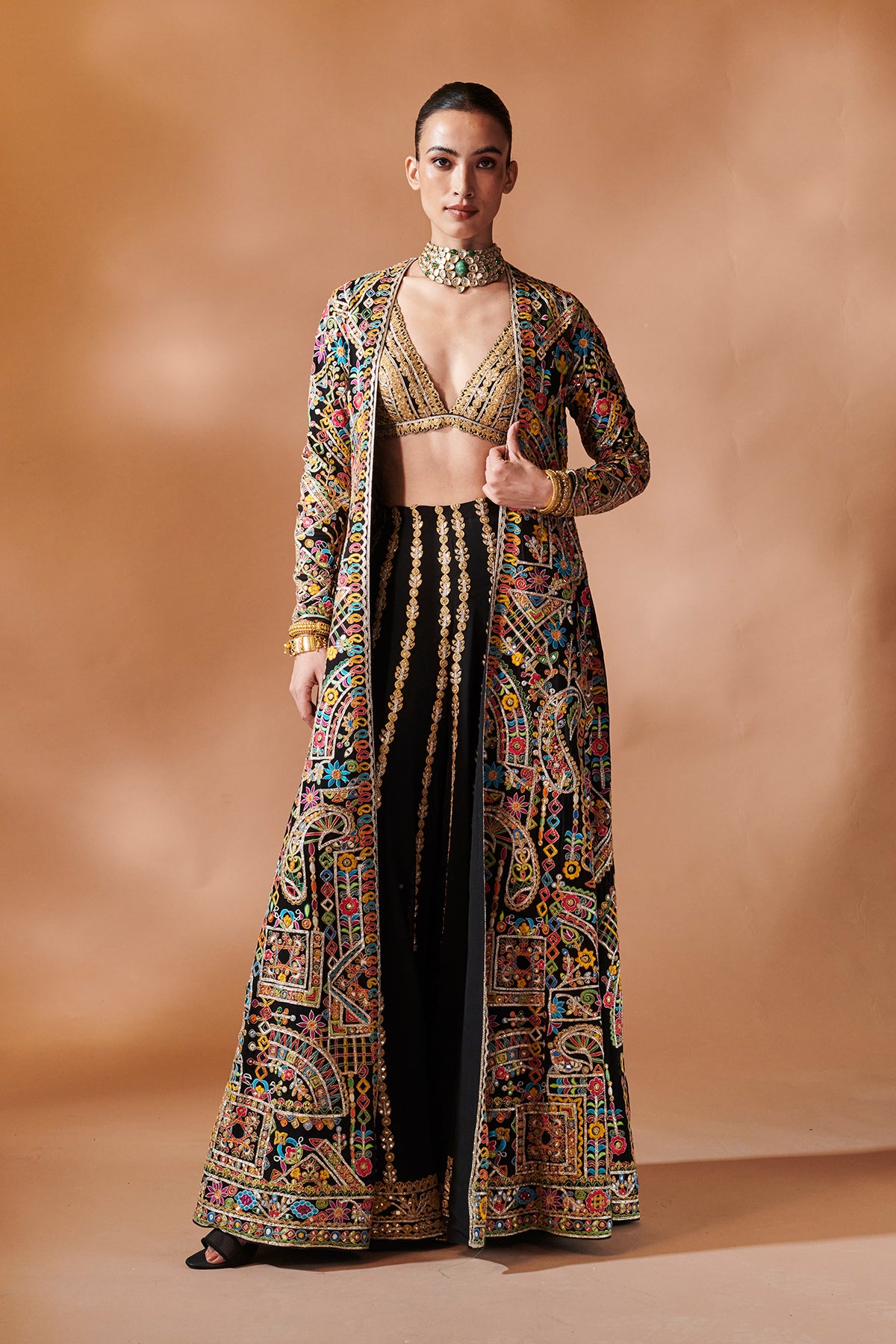 BLACK LONG EMBROIDERED JACKET WITH A BUSTIER AND SHARARA