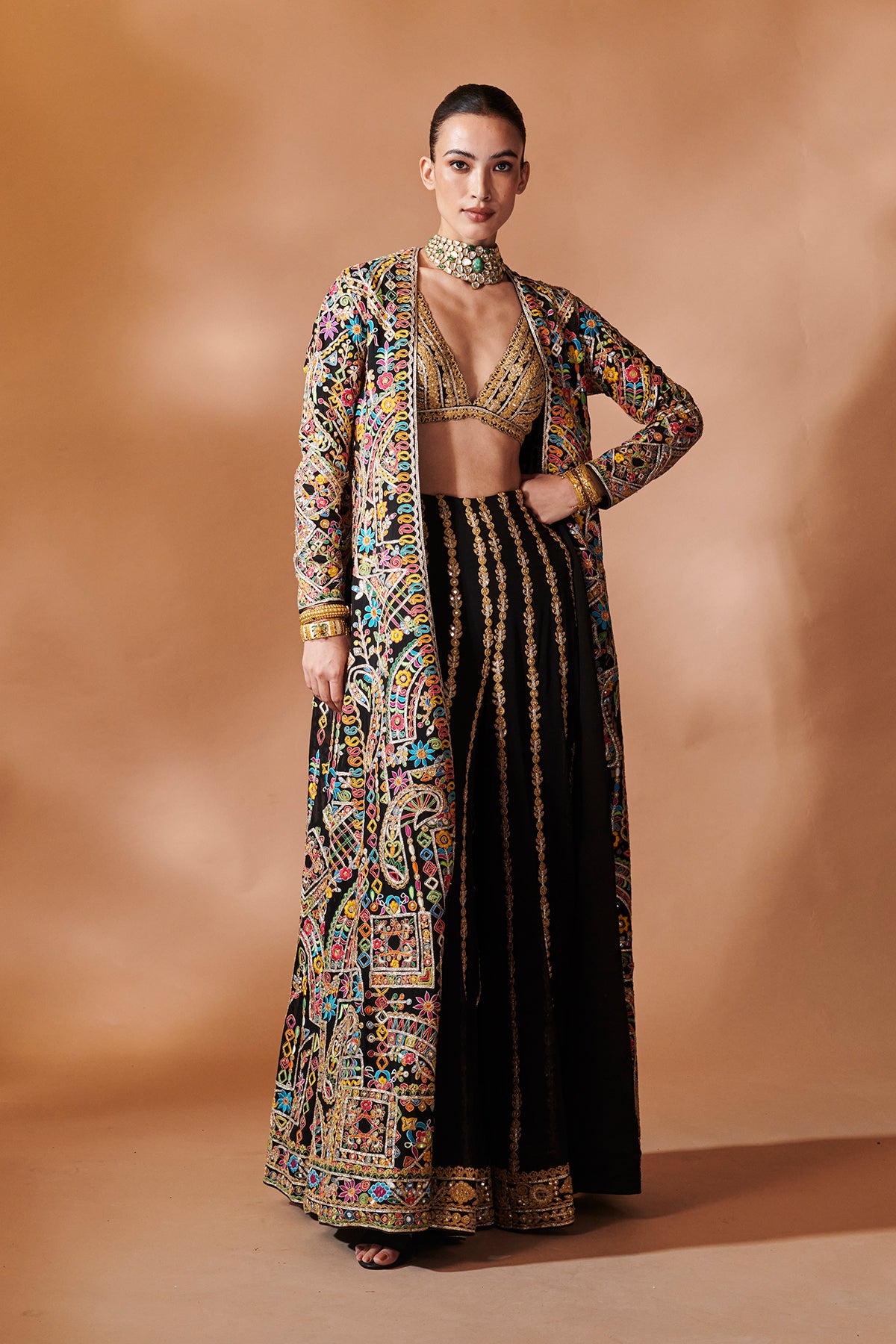 BLACK LONG EMBROIDERED JACKET WITH A BUSTIER AND SHARARA