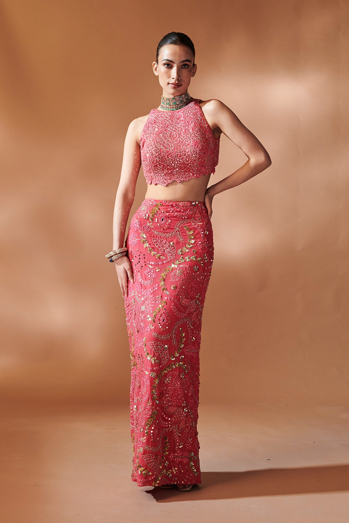 PINK SKIRT WITH AN INCUT BLOUSE