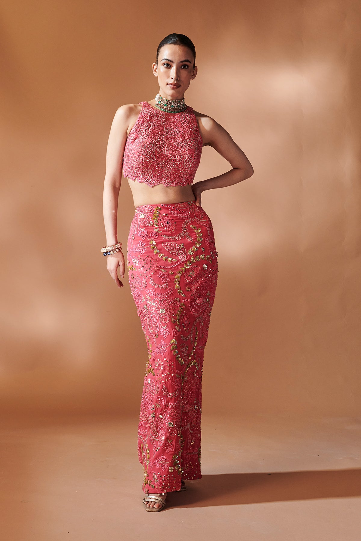 PINK SKIRT WITH AN INCUT BLOUSE