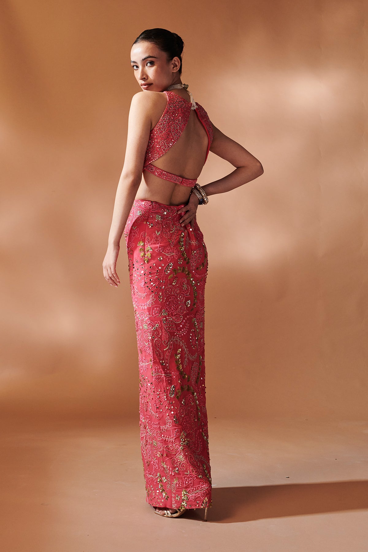 PINK SKIRT WITH AN INCUT BLOUSE