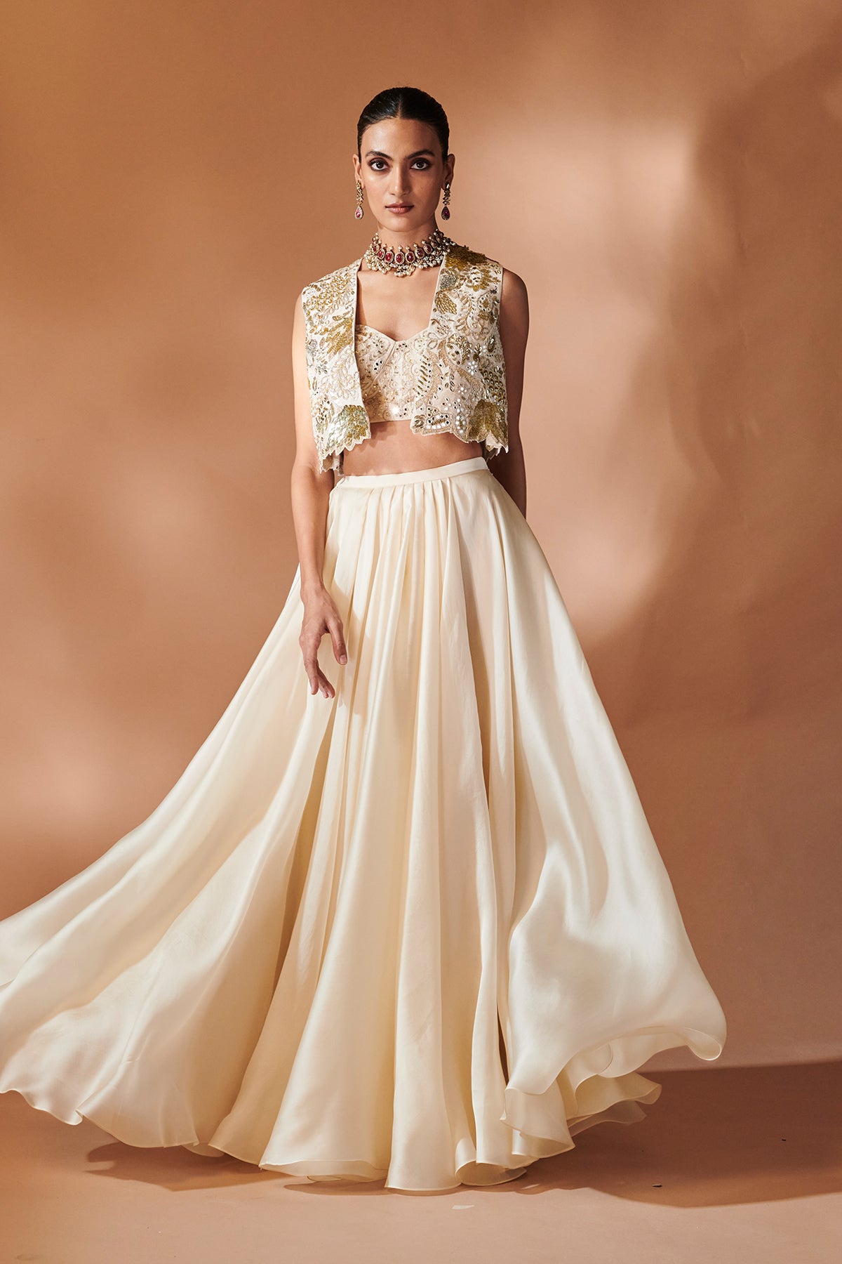 IVORY ORGANZA SKIRT WITH AN EMBROIDERED BLOUSE AND JACKET