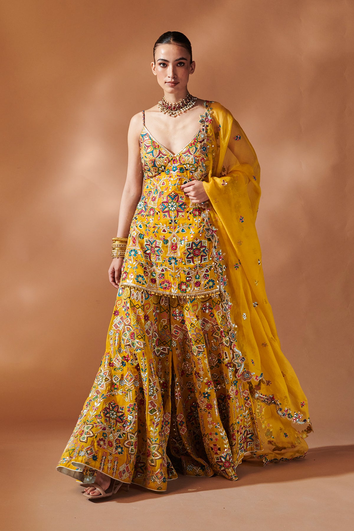 MUSTARD KURTA AND SHARARA SET