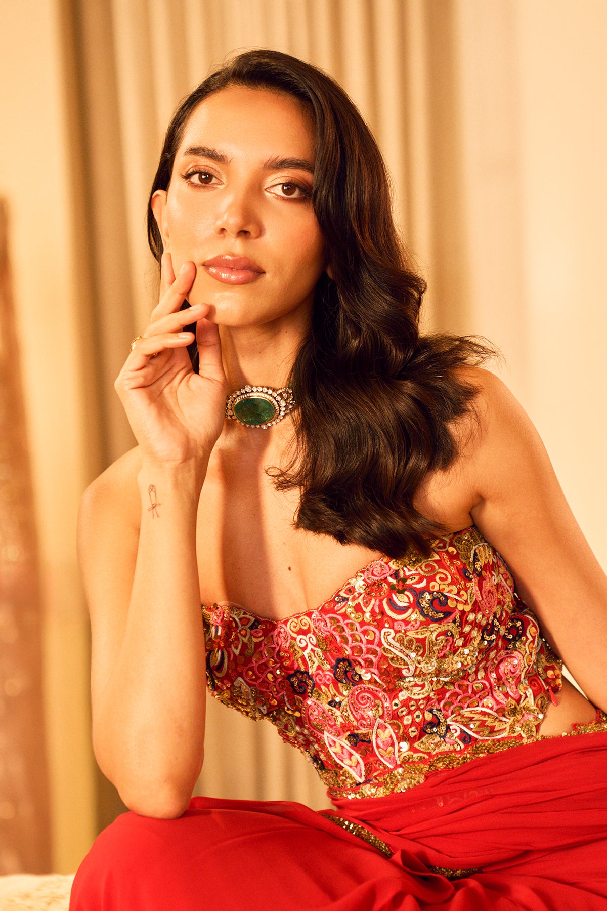RED PRE DRAPED SAREE SET WITH A CORSET BLOUSE