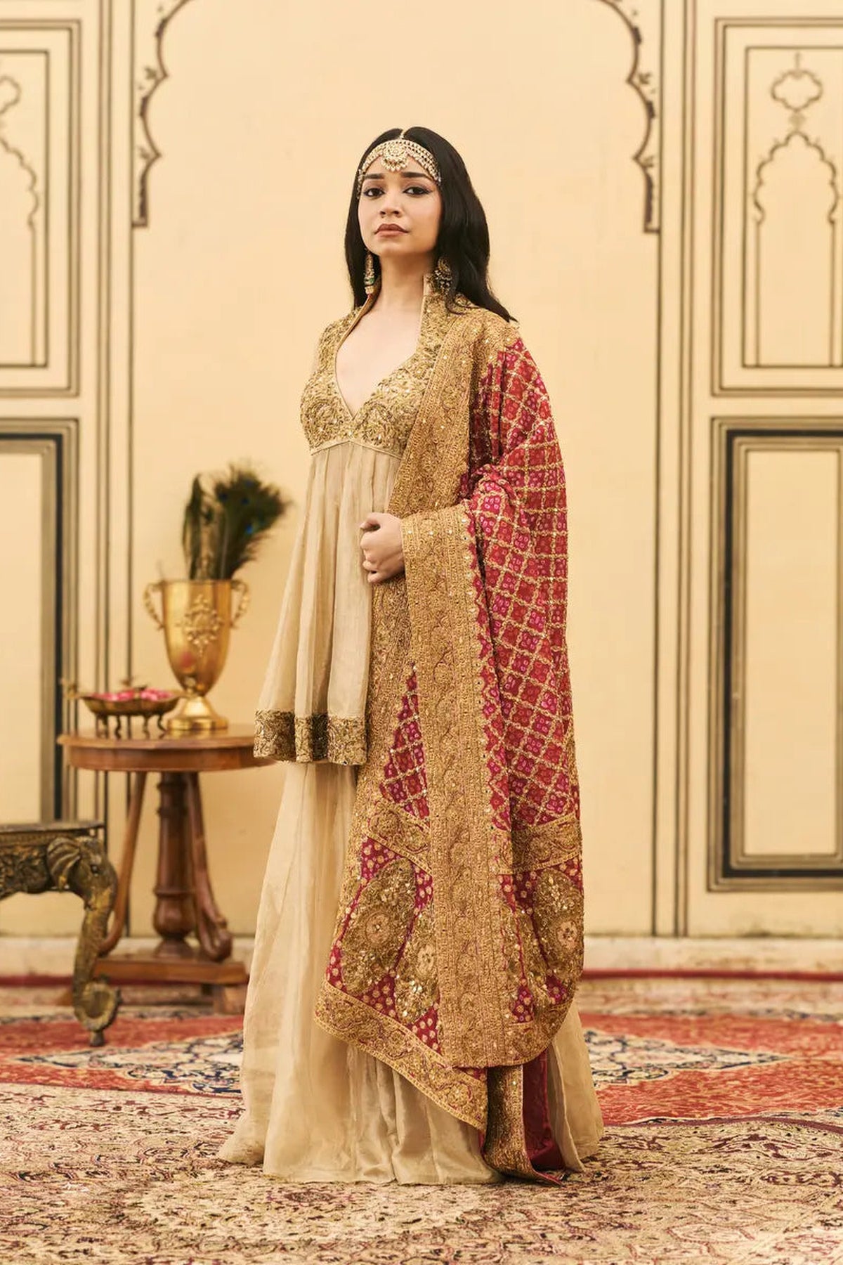 Sunhari-Gulal Tissue Bandhej Sharara Set