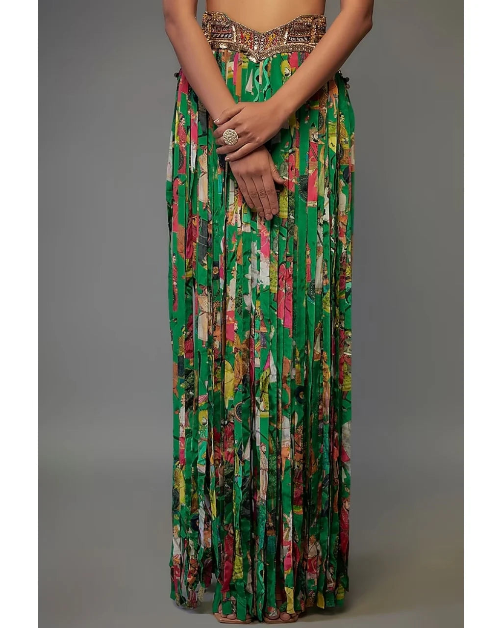 Green Crepe Printed Fringe Skirt Set