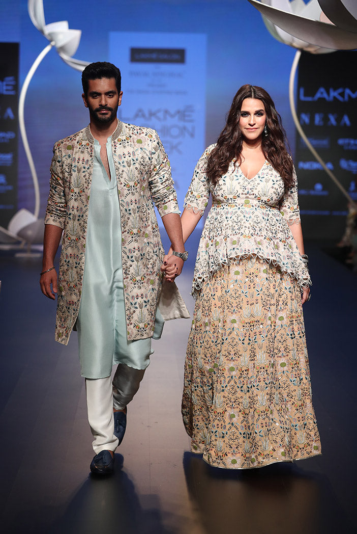 Neha Dupia and TAHIR in ICE BLUE SILK KURTA WITH OFF WHITE SILK PANT AND STONE ORGANZA JACKET