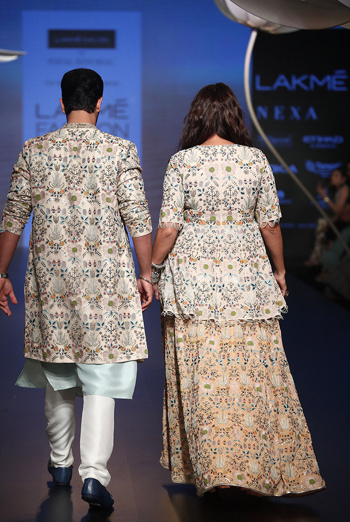 Neha Dupia and TAHIR in ICE BLUE SILK KURTA WITH OFF WHITE SILK PANT AND STONE ORGANZA JACKET