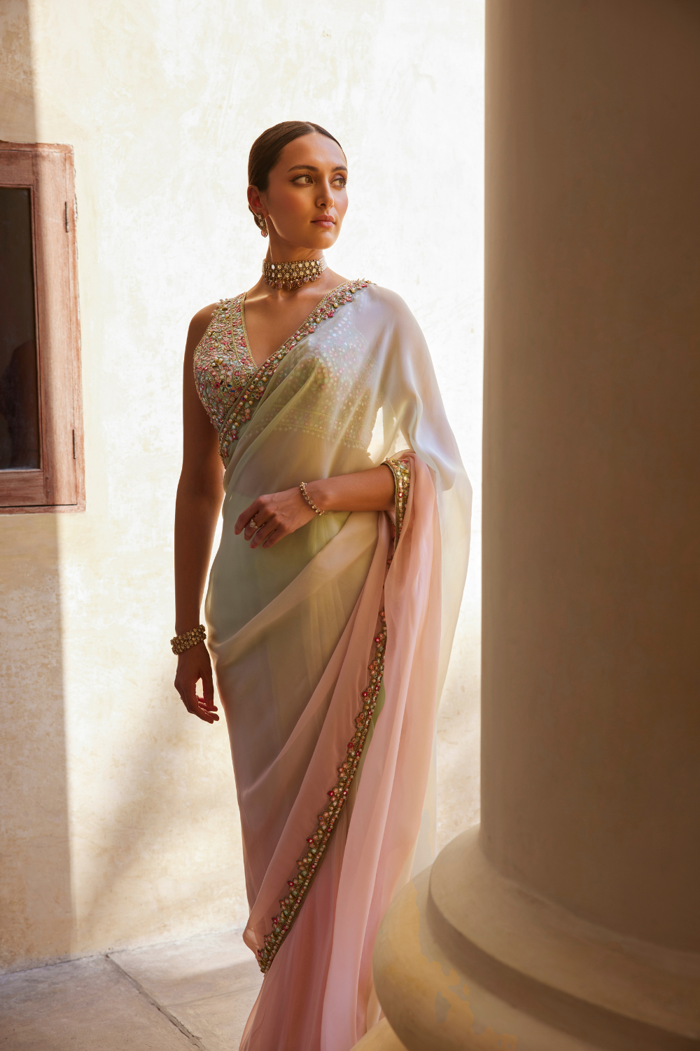 Green And Pink Ombre Organza Saree