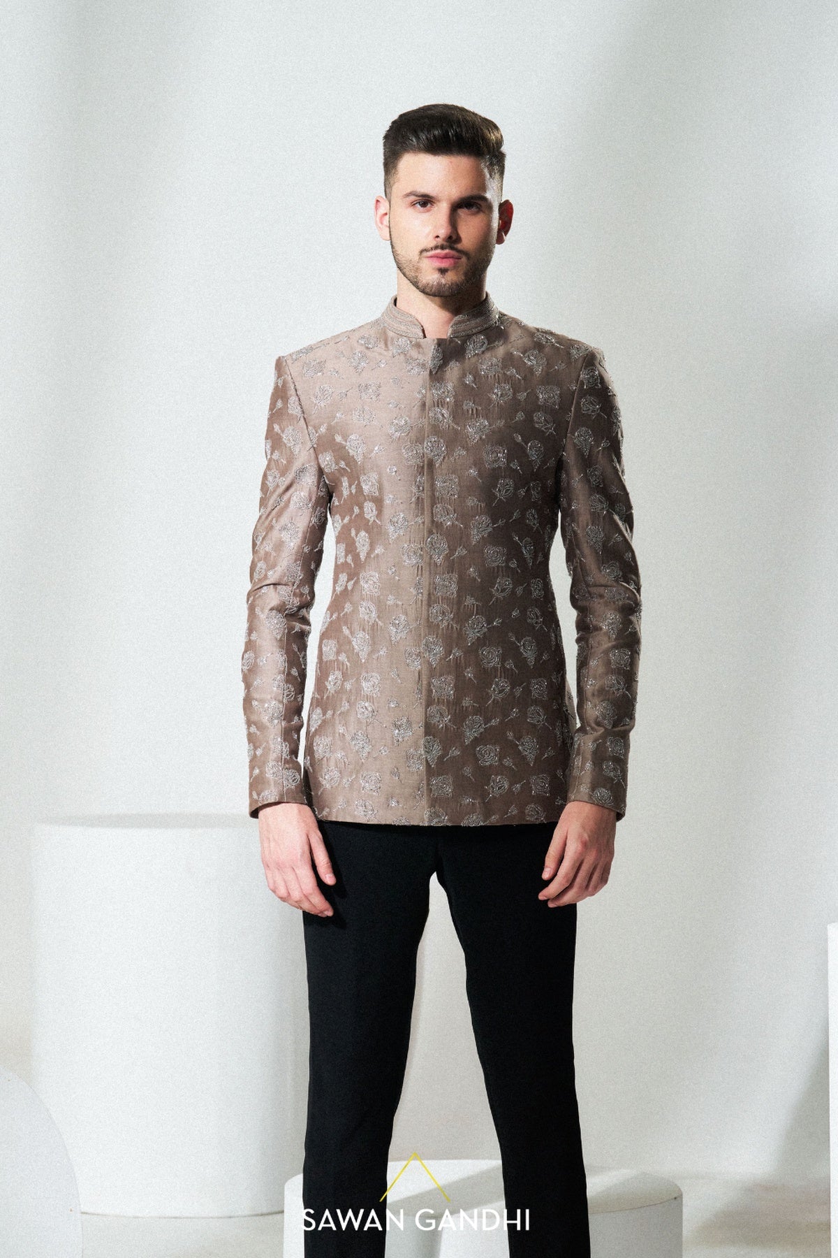 Taupe rosework bandhgala