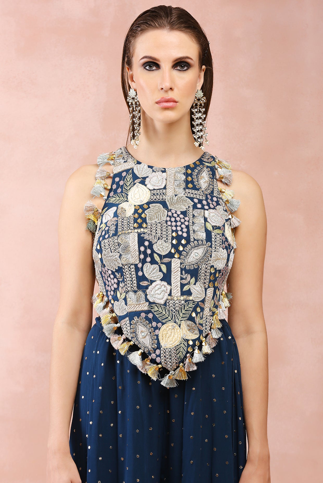 TEAL APPLIQUE BLUE EMBROIDERED CHOLI WITH SHARARA